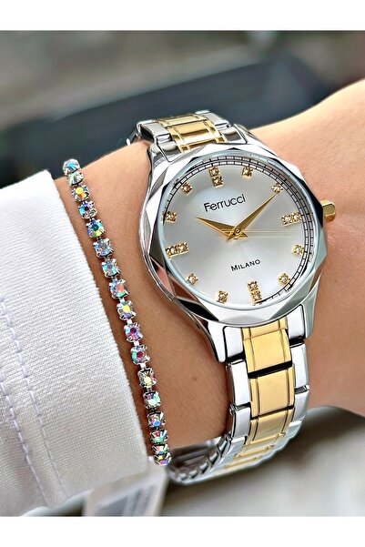 Ferrucci TAŞ RAKAMLI GOLD GÜMÜŞ METAL KADIN KOL SAATİ