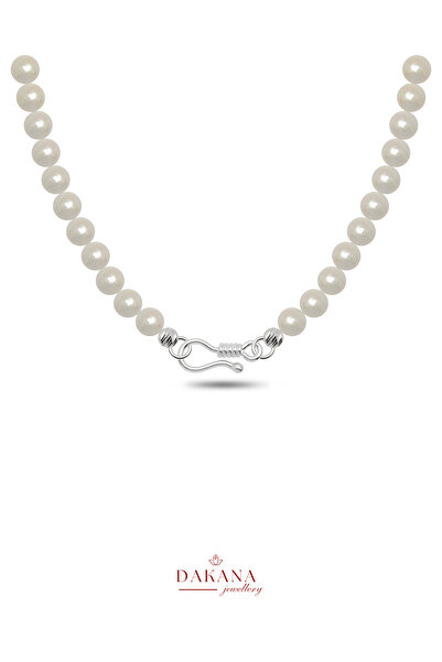DAKANA JEWELLERY Sertifikalı 6 mm S Kanca Stil Gümüş İnci Kolye
