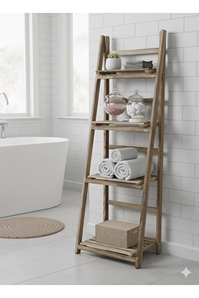Noor High-quality, foldable, 4-tier wooden shelf with a multi-level ladder design, beige color, 45*112