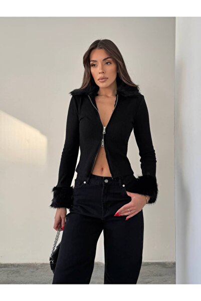 mydukkan.co Collar and Sleeve Fur Cardigan