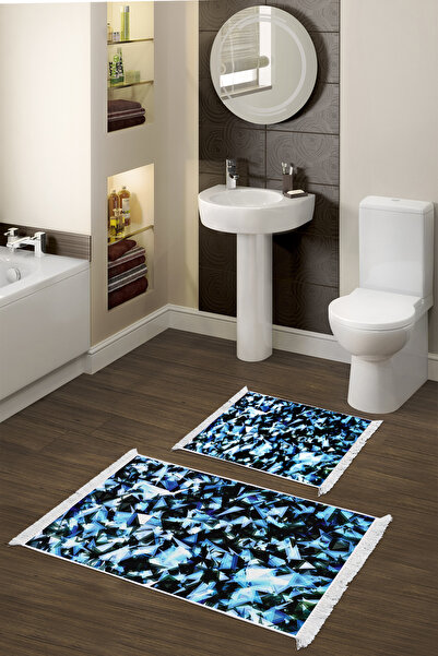 KAYABEY HOME Non-Slip Base Djt Toilet Set Earth Fringed Geometric E5012 Blue