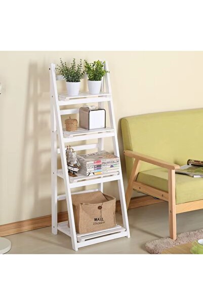 Noor High-quality, foldable, 4-tier wooden shelf with a multi-level ladder design, white color, 45*112