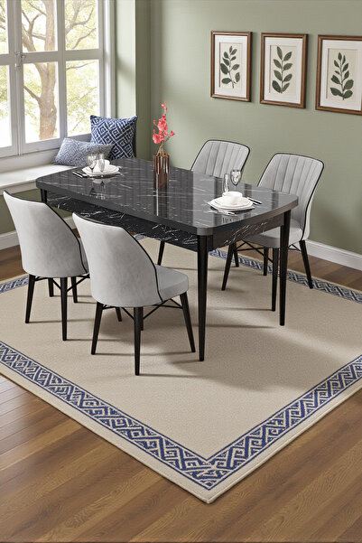 Canisa Radde Serisi 70x110 Sabit Siyah Mermer Desen Mutfak Masası Takımı 4 Gr...