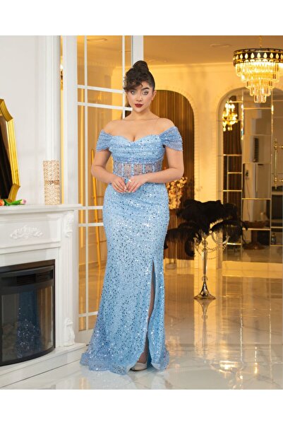 Matik Abiyem Off-The-Shoulder Lace Detailed Sparkling Long Evening Dress