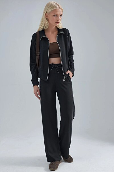 Hiccup Modal Textured Zippered Sweatshirt & Trousers Two-Piece Set Berşan Col...