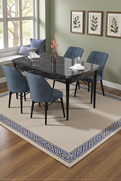 Canisa Radde Serisi 70x110 Sabit Siyah Mermer Desen Mutfak Masası Takımı 4 An...