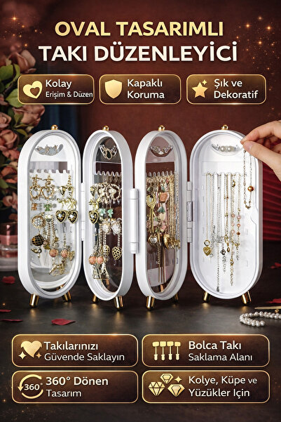 Weisre Beyaz Oval Takı Düzenleyici Kapaklı, Aynalı 360° Dönen, Dekoratif Takı...