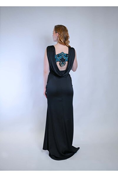 CRYSTALİA Imelda Dress Saten Sırt Dekolteli Jakar Motif - Siyah