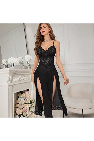 Nawaem Night Lingerie قميص نوم نسائي أسود مطرز بالدانتيل - ملابس نوم شبكية مث...