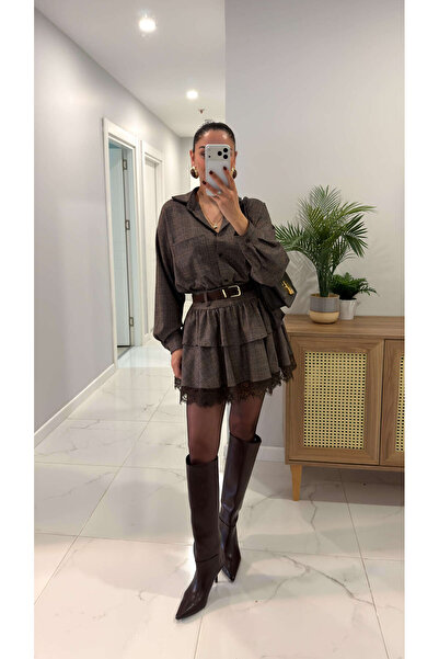 BİRCANÇİL طقم قميص وتنورة من أودريسا بتفاصيل حزام بني اللون