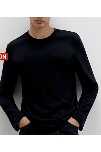 İki Yıldız Tricou negru cu mânecă lungă din bumbac pieptănat, 100% bumbac pur.