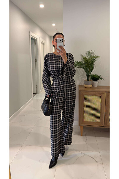 BİRCANÇİL Italy Gray Plaid Blouse Pants Set