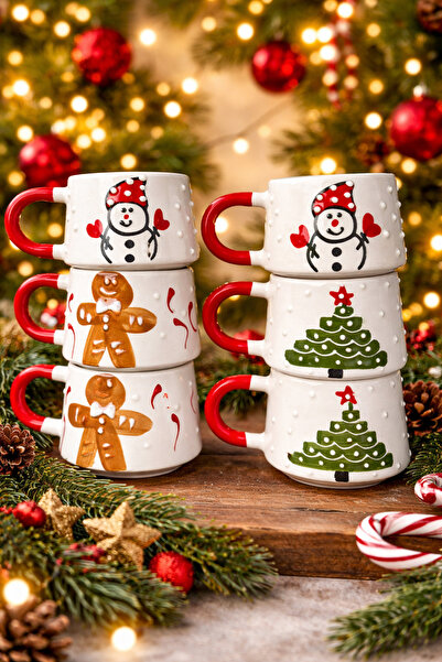 BB TRADE Handmade Christmas Conceptual Set of 6 Mug Cups with Cookie Man, Snowman, Pine Tree Pattern