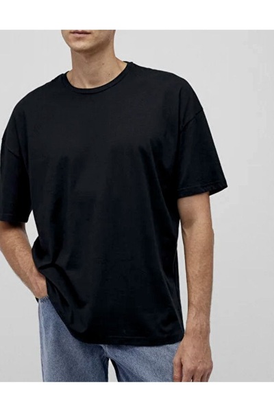 İki Yıldız Tricou negru cu mânecă scurtă, supradimensionat, 100% bumbac pur, ...
