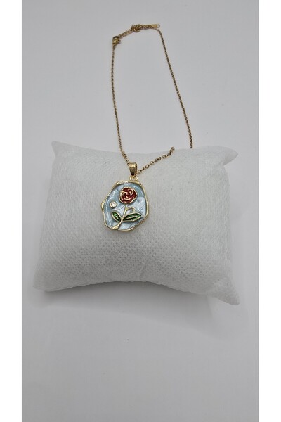 NO NAME Stainless Steel Gold Color Blue Rose Engraved Portrait Model Necklace