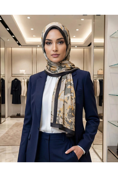 SHAMIA Camouflage Pattern Silk Shawl -Beige-Black