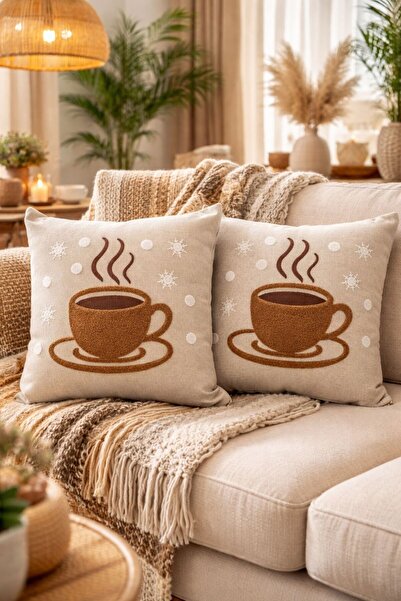 Go Veform Linen Punch Embroidered Throw Pillow Cover 43X43 cm – Handcrafted Punch Pattern Detailed Pillowcase