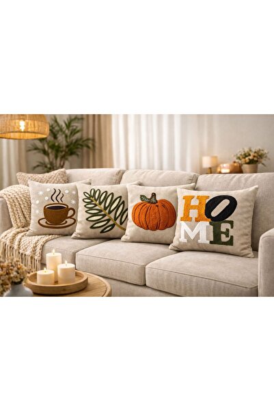 Go Veform Linen Punch Embroidered Throw Pillow Cover 43X43 cm – Handcrafted Punch Pattern & Tassel Detailed Pillowcase