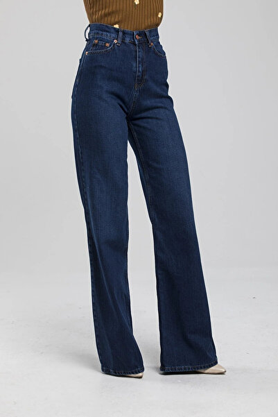 WODDİ Soft Navy Blue Women's Loose Palazzo Comfortable Fit Navy Jean Denim Tr...