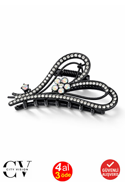 cityvision Heart and flower design black color 7 cm metal hair clip with stones
