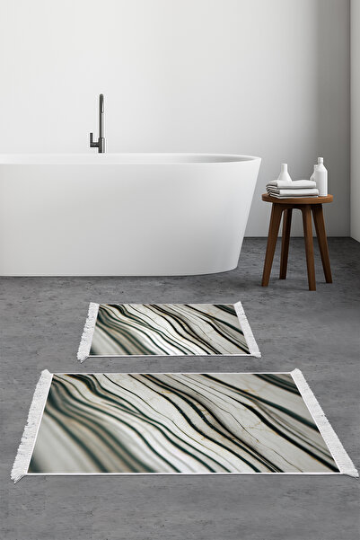 KAYABEY HOME Non-Slip Base Djt Toilet Set Luna Cotton Fringed Marble E5032 White