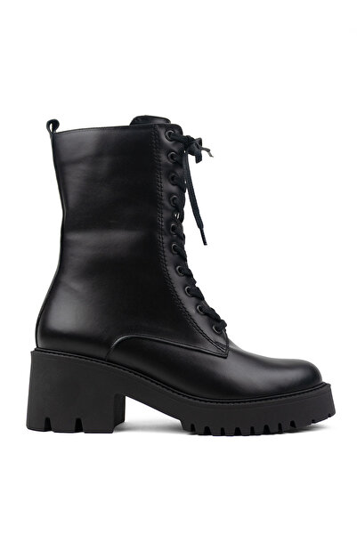 RABU Siyah Kadın Hakiki Deri Postal Bot – Kalın Yüksek Tabanlı, Bağcıklı ve F...