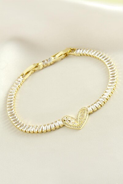 Bijuteri Net Heart Baguette Stone Luxury Steel Bracelet