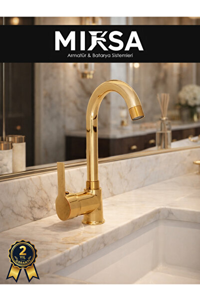 MİXSA Lüx Full GOLD Armut Baston Borulu Banyo Lavabo Bataryası Çeşmesi Musluğ...