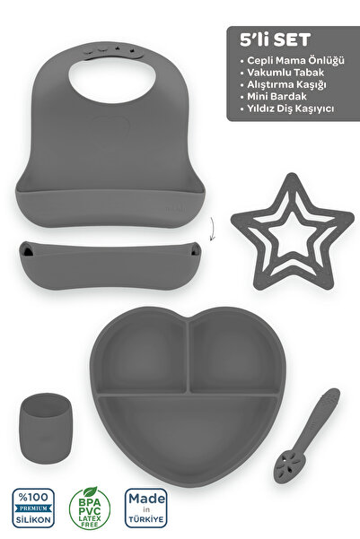 Moki Silicone Set of 5 Platinum Gray/ Baby Bib, Feeding Plate, Feeding Spoon,...