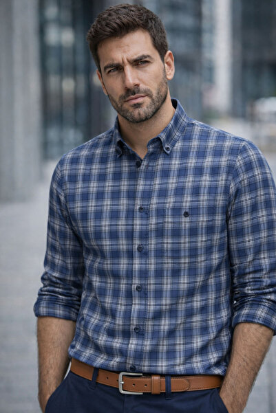 Varetta Men's Navy Blue Checkered Long Sleeve Shirt Classic Relaxed Fit Cotton Pocket Shirt