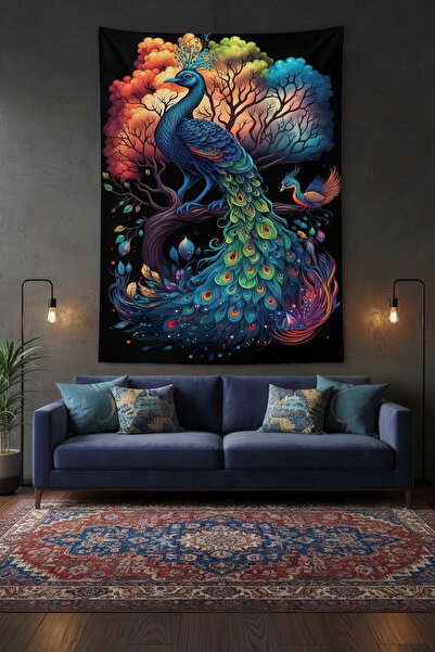 Nivendi Canlı Renkli Tavus Kuşu ve Doğa Kumaş Duvar Örtüsü Ev Dekorasyon