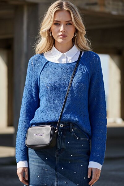 Kübra Tekstil Women's Blue Lace-Like Knit Scallop Patterned Soft Textured New Season Stylish Knitwear Sweater Blouse – Women's Sweater