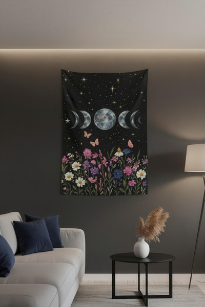 Nivendi Ay Fazları ve Kır Çiçekleri Kumaş Duvar Örtüsü Ev Dekorasyon Duvar Ha...