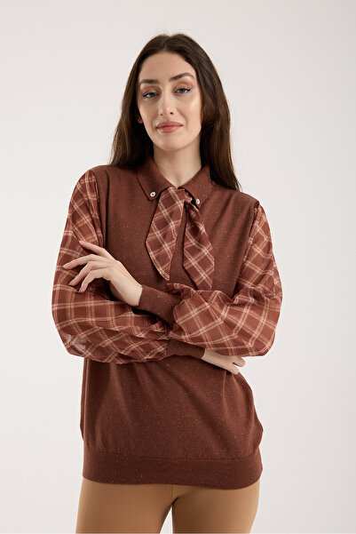 Moda Days Chiffon Sleeves Scarf Polo Neck Glitter Knit Blouse