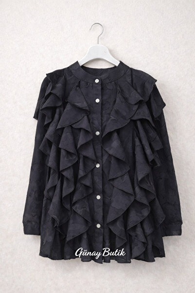 günay boutıque siyah Fırfırlı Jakarlı Kadın Gömlek – Hakim Yaka, Uzun Kollu