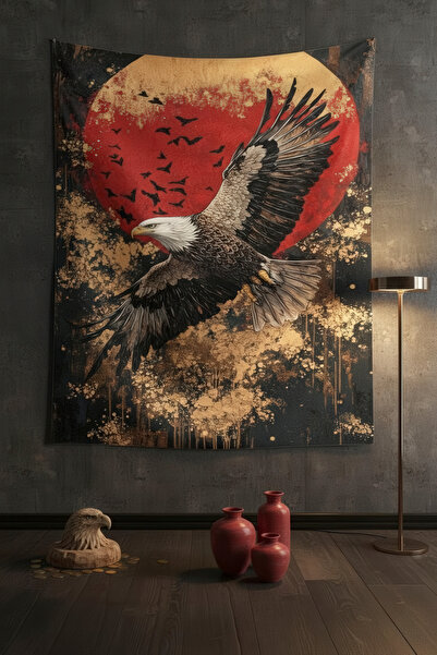 Nivendi Kızıl Güneş Önünde Uçan Kartal Kumaş Duvar Örtüsü Ev Dekorasyon Duvar...