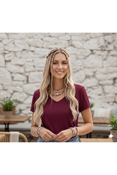 FAVORİST V-Neck Plain Unprinted Soft Fabric Women's T-Shirt