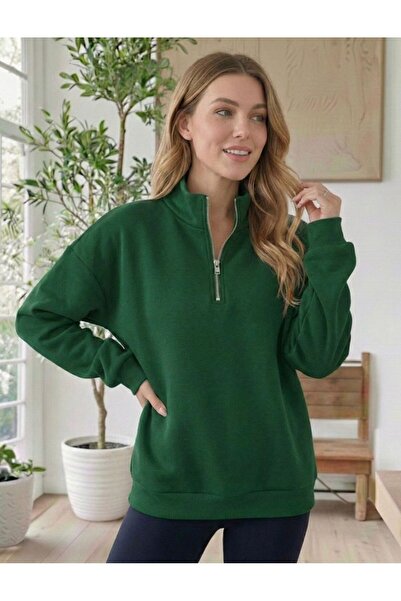 BUWOM Kadın Dik Yaka Fermuarlı Düz Sweatshirt