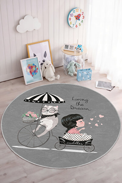 Realhomes Sevimli Kedi ve Kız Desenli Yıkanabilir Yuvarlak Çocuk Odası Halısı