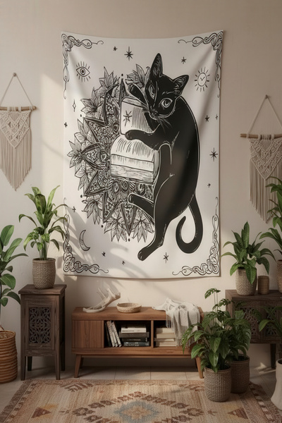 Nivendi Mandala ve Büyülü Kitap Siyah Kedi Kumaş Duvar Örtüsü Duvar Halısı Ta...