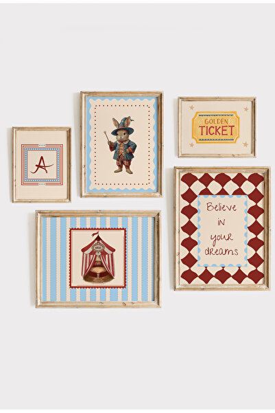 leilart Retro Sirk Temalı 5'li Çerçeveli Tablo Seti - Çocuk ve Bebek Odası Du...