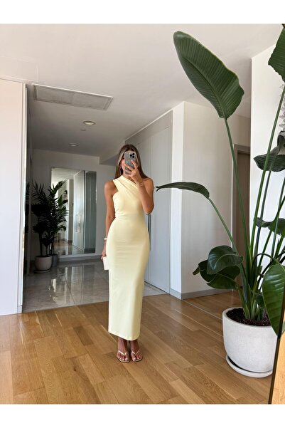 MERVE AKSOY Fk Çarpraz Yaka Midi Elbise - Sarı