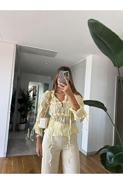 MERVE AKSOY Buruşuk İp Detaylı Tül Bluz - Sarı