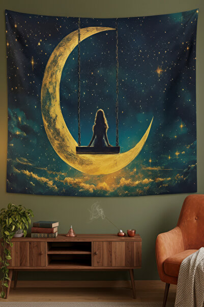 Nivendi Yıldızlı Gece ve Ay Salıncağı Kumaş Duvar Örtüsü Ev Dekorasyon Duvar ...