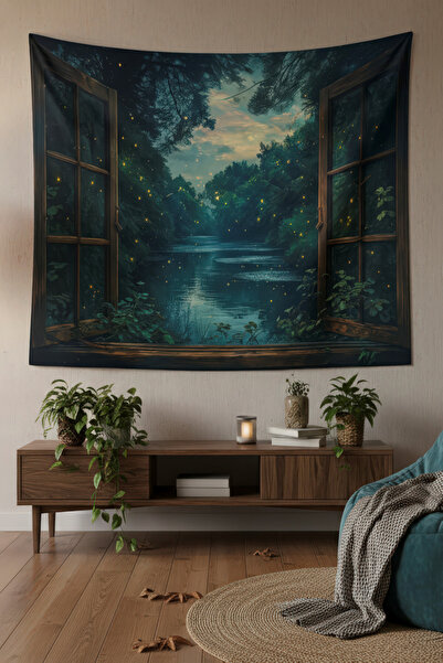 Nivendi Büyülü Pencere Orman Manzarası Kumaş Duvar Örtüsü Ev Dekorasyon Duvar...