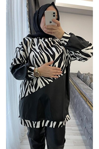 Sara Deluxe بدلة أنيقة بتفاصيل جلدية بنقشة الحمار الوحشي