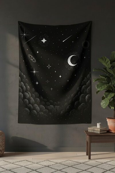 Nivendi Sade Gece Manzarası Ay ve Bulutlar Kumaş Duvar Örtüsü Ev Dekorasyon