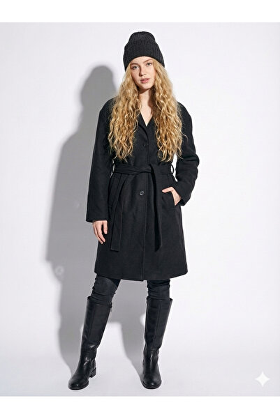 ribana Women's Unlined Regular Fit Transitional Belt Detailed Buttoned Pocketed Long Sleeve Basic Cashmere Coat