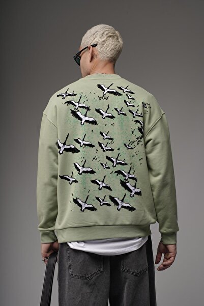 king brich Crew Neck Oversized Sweatshirt with Stork Print on the Back and Embroidery