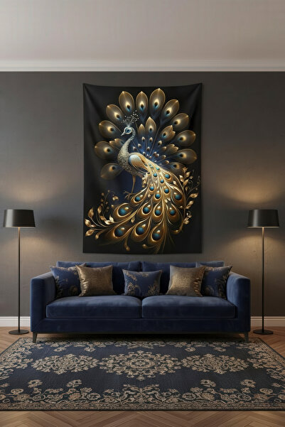 Nivendi Altın Tavus Kuşu ve Parlak Tüyler Kumaş Duvar Örtüsü Ev Dekorasyon